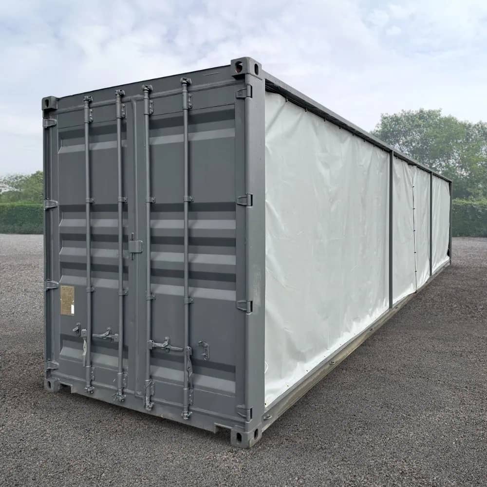 Conteneur maritime 40 pieds HC occasion – Open Side, bâche, gris, 29 m²