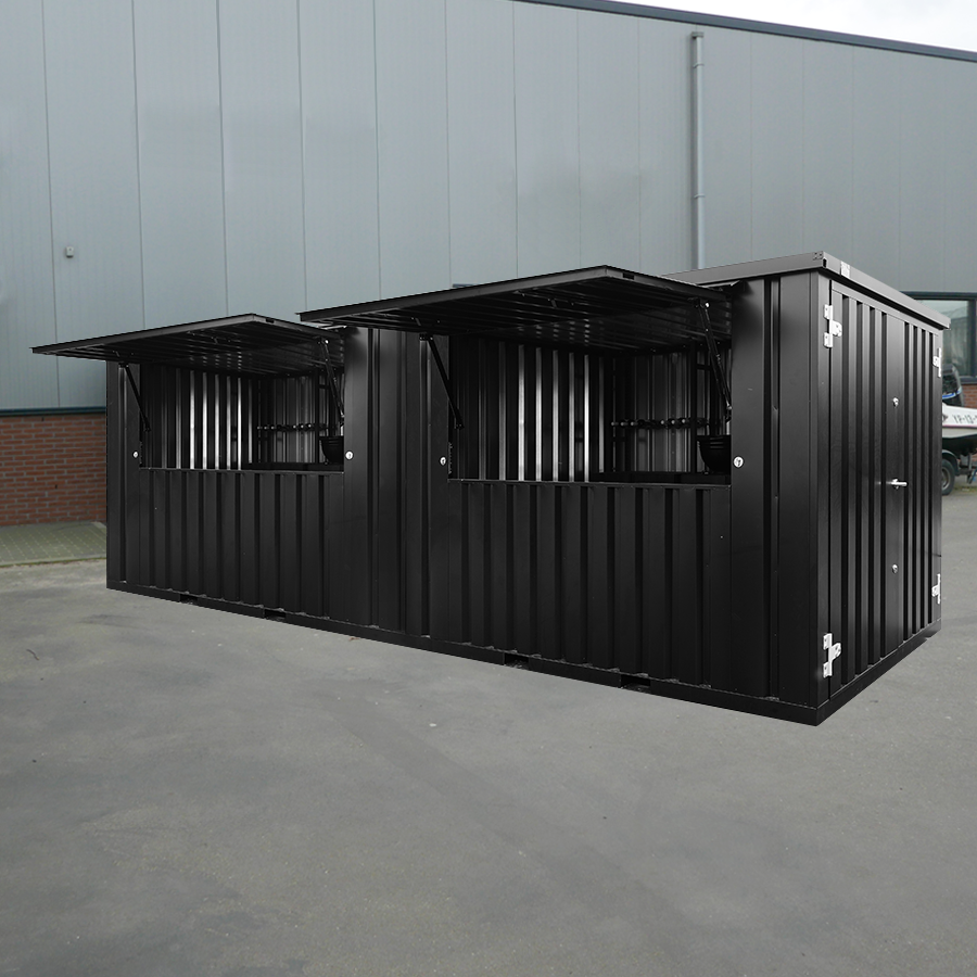 Conteneur bar 6×2 m noir RAL 9005 – Événements, toit rabattable