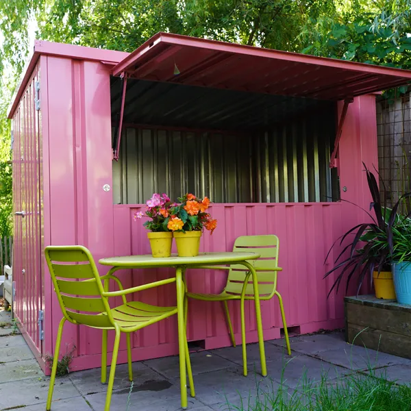 Conteneur bar XL 3×2 m rose RAL 3015 – Modulaire, toit rabattable