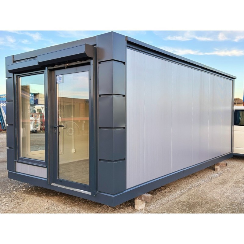Conteneur vitrine de vente 18 m² – Volets, 2 portes, baies vitrées